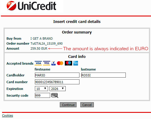 Card data entry page